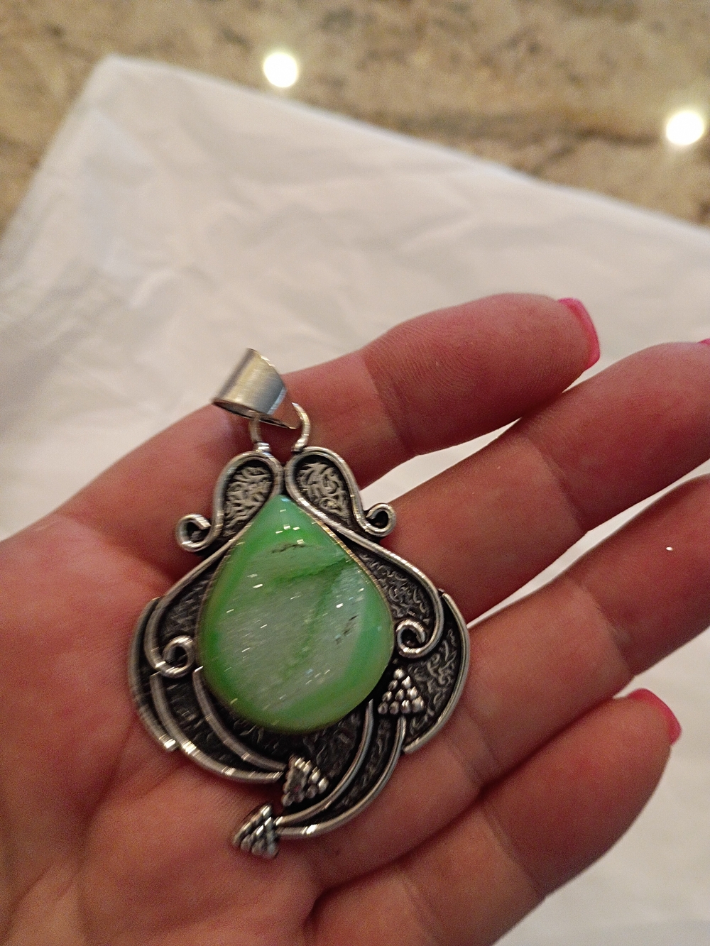 Florescent Lime Green Druzy Pendant in Intricate Setting Beautiful!
